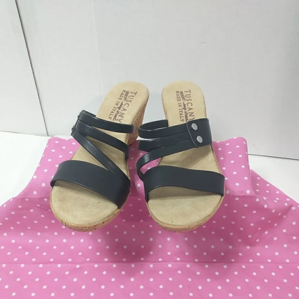 Tuscany By Easy Street Womens Allegro Black Wedge Sandals Size 7.5M